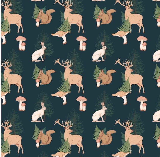 padrão perfeito com animais da floresta veado coelho esquilo e árvores cogumelos fundo escuro