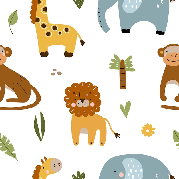Padrão perfeito com animais e plantas bonitos da selva. Ilustração vetorial isolada em backgrou branco