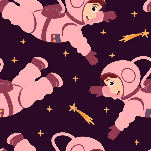 Vetor padrão perfeito com astronautas fofos e estrelas cadentes em gravidade zero em estilo cartoon