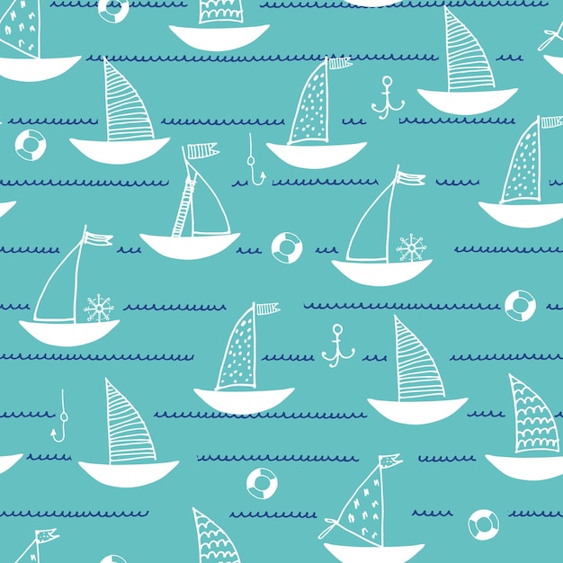Padrão perfeito com barcos à vela desenhados à mão âncoras anzóis anéis de segurança em fundo azul marinho para design de superfície e outros projetos de design Conceito de navegação e pesca