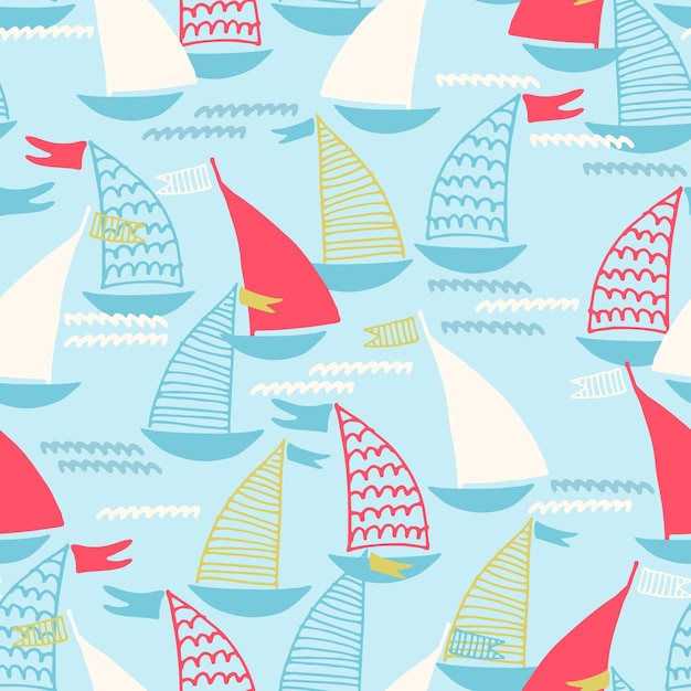 Padrão perfeito com barcos à vela desenhados à mão e ondas em fundo azul para design de superfície e outros projetos de design Conceito de vela e pesca