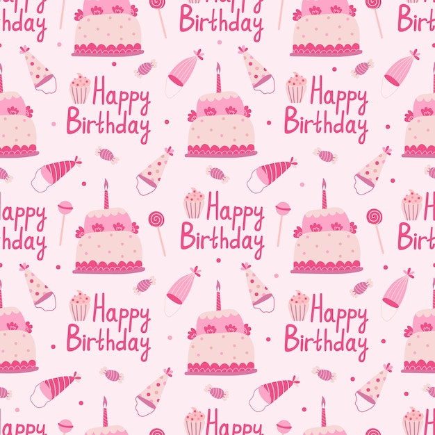 Vetor padrão perfeito com bolos de aniversário, chapéus e pirulitos em rosa