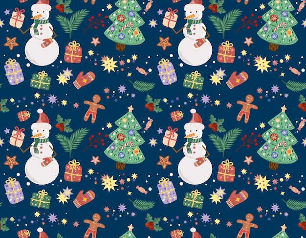 Padrão perfeito com boneco de neve e árvore de natal em fundo azul