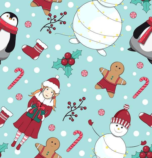 Padrão perfeito com boneco de neve pinguim elfo cookies pirulito e meia para presentes de ano novo e natal