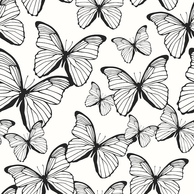 Padrão perfeito com borboletas de contorno desenhadas à mão