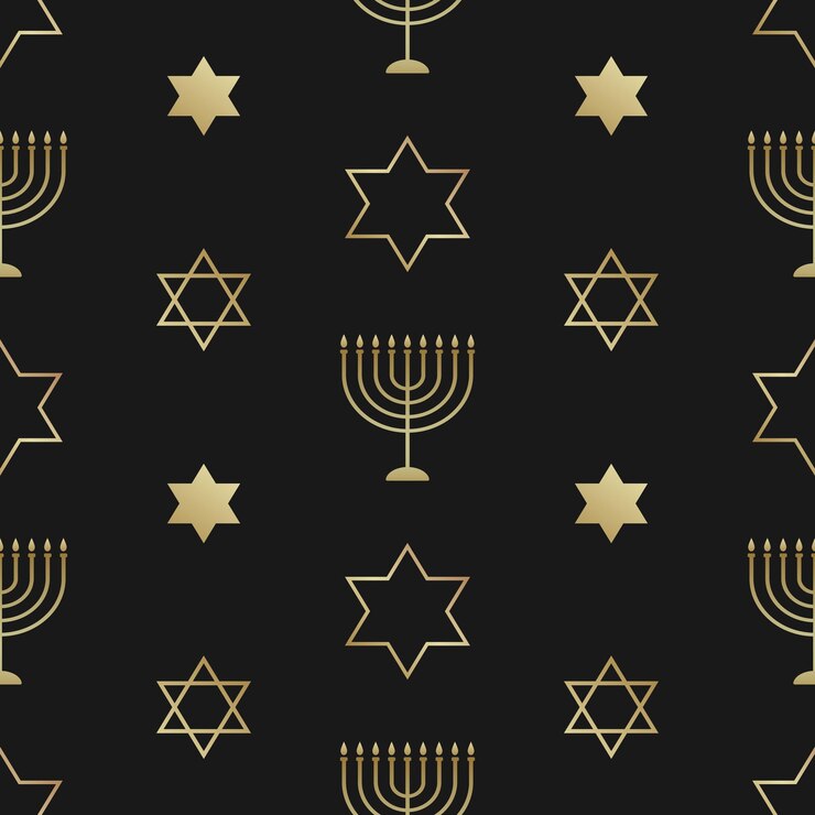 Vetor padrão perfeito com candelabros dourados e estrelas de david em fundo preto para feriado judaico.