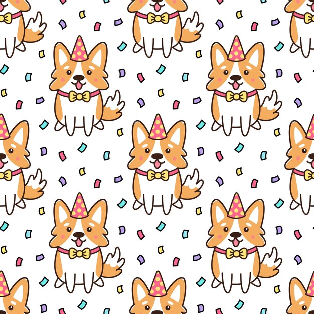 Padrão perfeito com cão de aniversário da raça Welsh Corgy em chapéu e confete