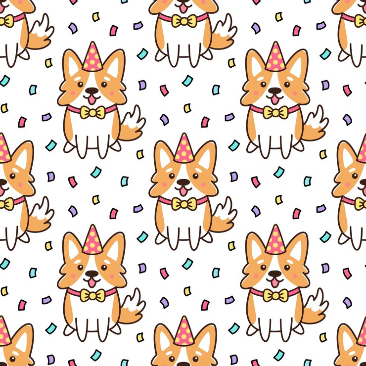 Vetor padrão perfeito com cão de aniversário da raça welsh corgy em chapéu e confete