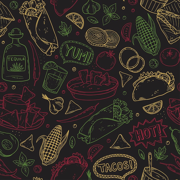 Padrão perfeito com comida mexicana e latino-americana. Cozinha mexicana. Cultura mexicana tradicional