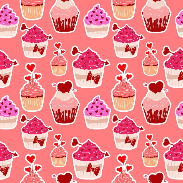 Padrão perfeito com conjunto de quatro ícone de cupcake de dia dos namorados com coração de estilo simples