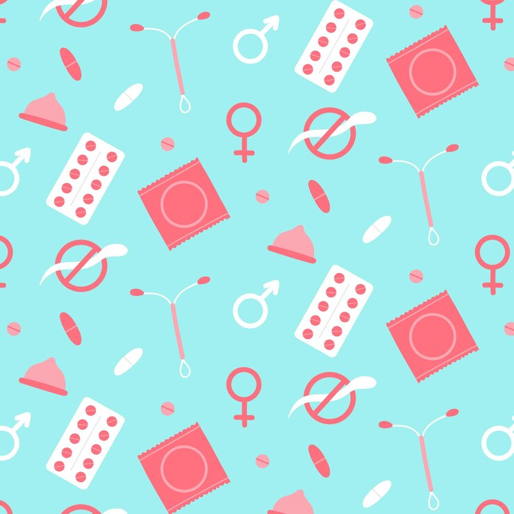 Vetor padrão perfeito com contraceptivos ilustração vetorial estilo plano impressão médica padrão com preservativos de pílula