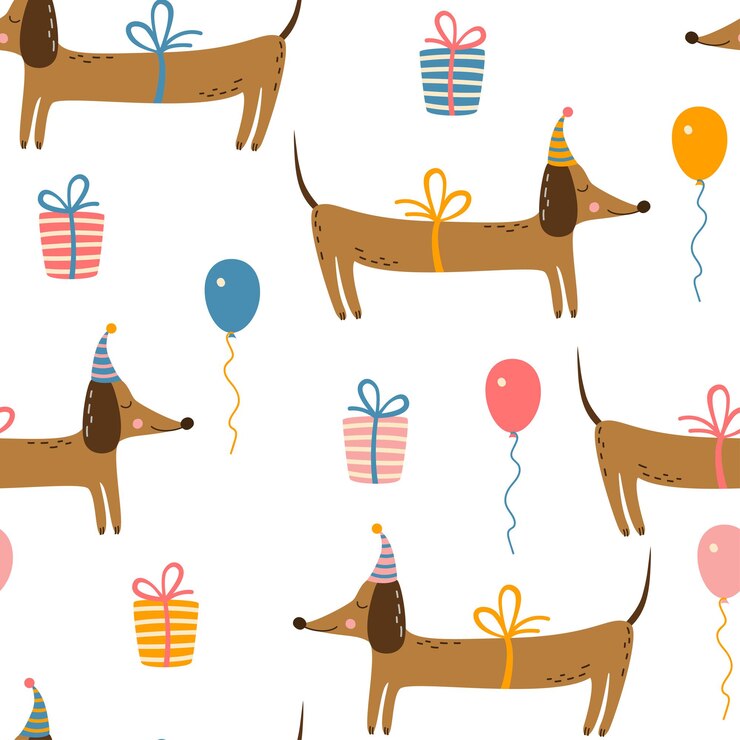 Padrão perfeito com dachshund fofo em um chapéu, presentes e balões