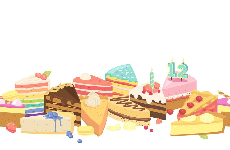 Vetor padrão perfeito com deliciosas fatias de bolo em cores vibrantes e designs encantadores, perfeitos para adicionar um toque doce a qualquer projeto ou decoração, papel de parede com borda horizontal ilustração vetorial de desenho animado