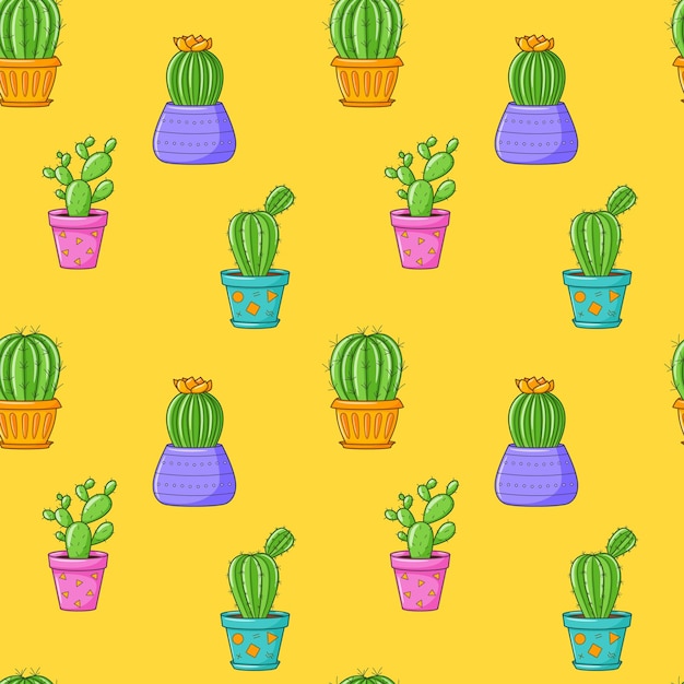 Padrão perfeito com diferentes plantas suculentas de cactos em vasos de flores brilhantes mão de cactos de desenhos animados desenhando fundo com plantas domésticas ilustração vetorial em fundo amarelo