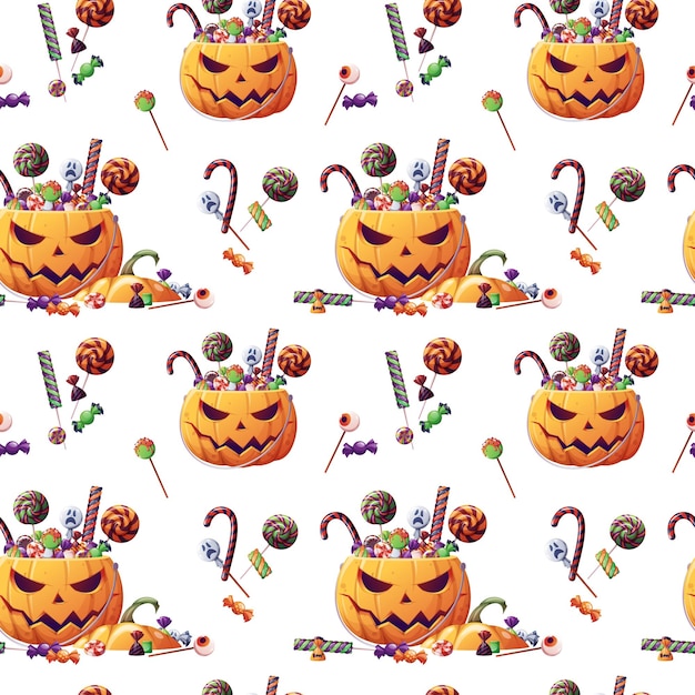 Padrão perfeito com doces de halloween e abóbora em um fundo branco doçura ou travessura