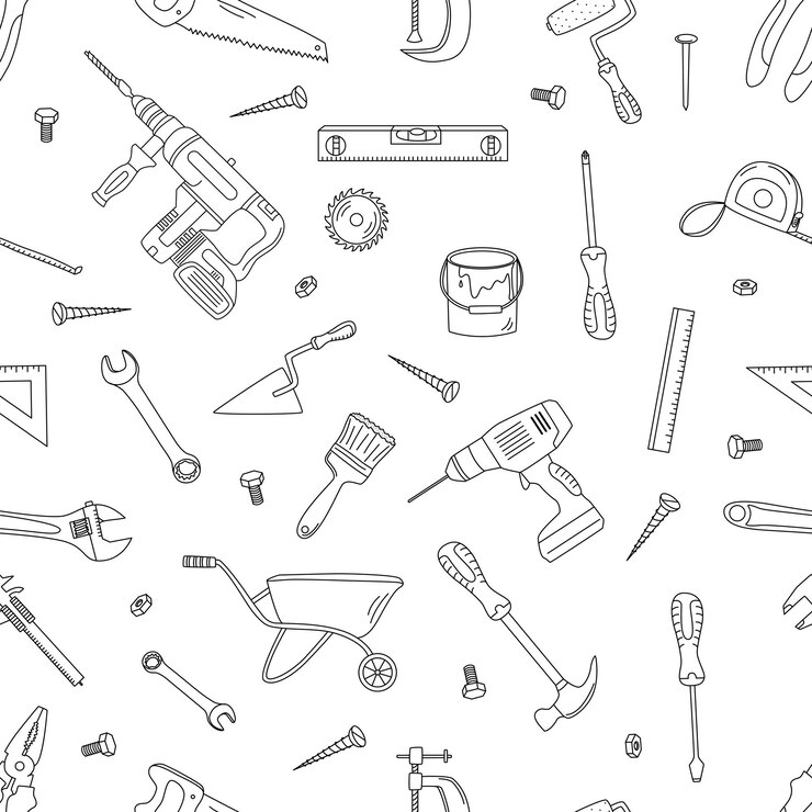 Padrão perfeito com elementos de construção Ilustração vetorial de contorno no estilo doodle