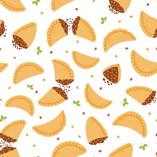 Vetor padrão perfeito com empanadas em estilo simples de desenho animado fundo vetorial desenhado à mão com cozinha folclórica tradicional da américa latina