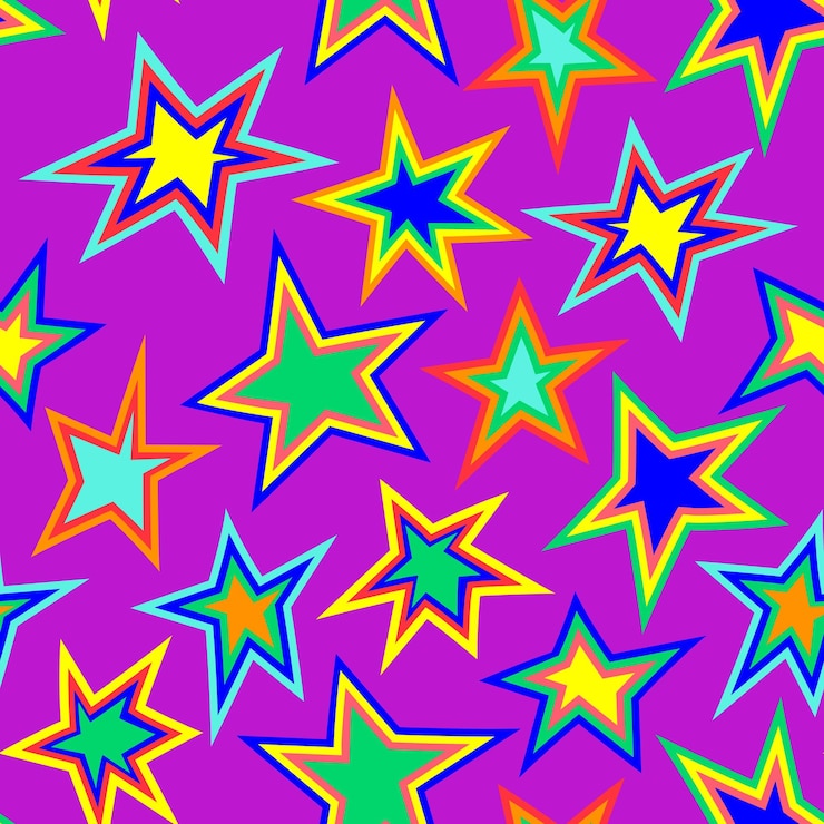 Vetor padrão perfeito com estrelas coloridas de estilo retrô em fundo violeta