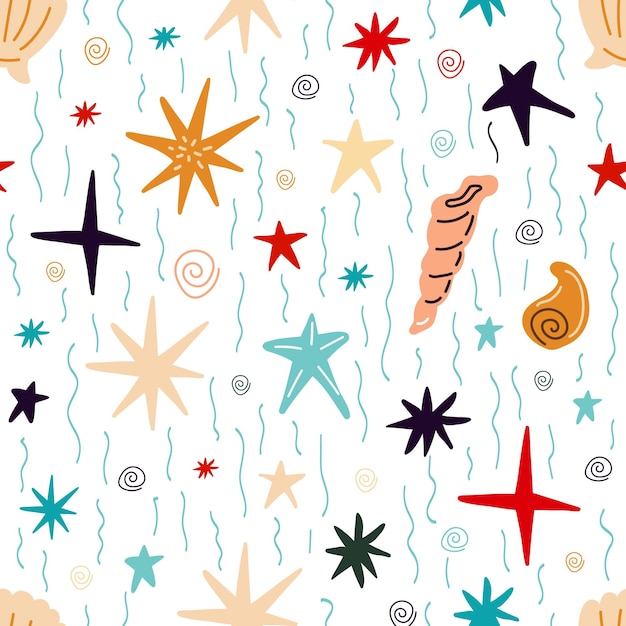 Padrão perfeito com estrelas do mar de corais de conchas em um fundo azul