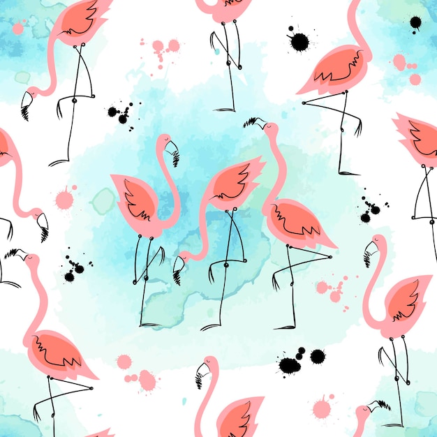 Padrão perfeito com flamingos em um fundo aquarela motivos de verão vetor grátis