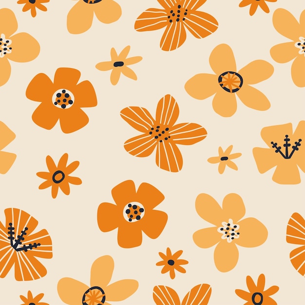 Vetor padrão perfeito com flores em uma ilustração vetorial de fundo laranja em estilo simples