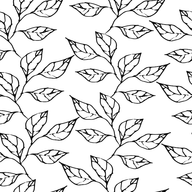 Padrão perfeito com folhas Conjunto de tinta vetorial desenho à mão ervas ilustração botânica artística monocromática para fundos têxteis Temlate para cartões de casamento e poligrafia