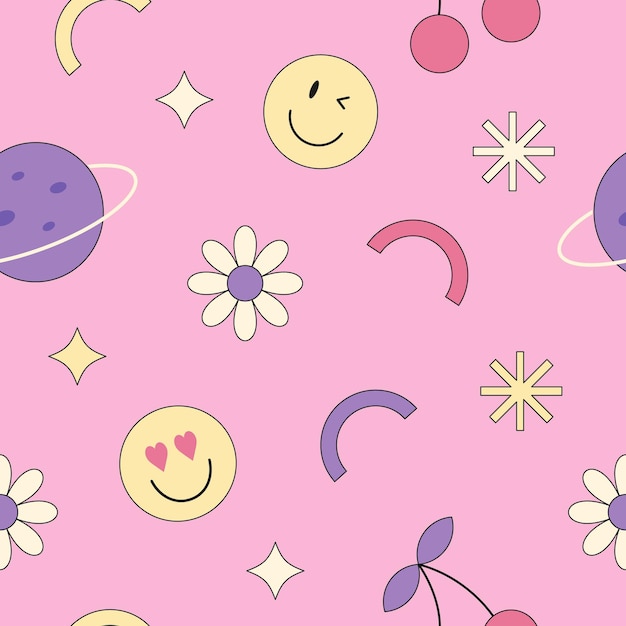 Padrão perfeito com formas retrô, planetas, sorrisos e flores, estilo dos anos 90, papel de parede vetorial positivo colorido