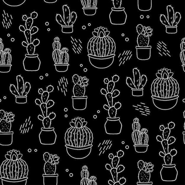 Padrão perfeito com fundo preto bonito de cactos desenhados à mão