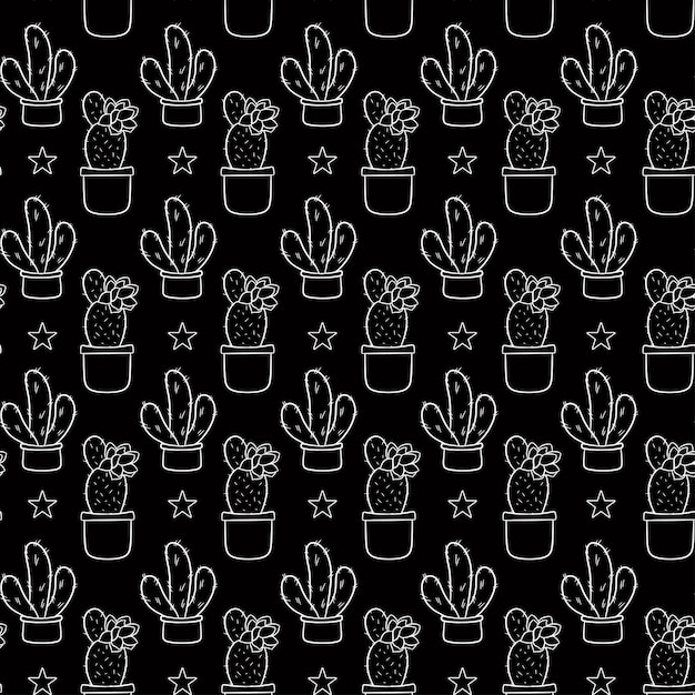 Padrão perfeito com fundo preto bonito de cactos desenhados à mão