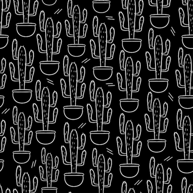 Padrão perfeito com fundo preto bonito de cactos desenhados à mão