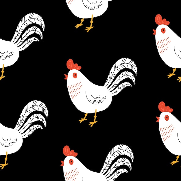 Padrão perfeito com galo Frango com ninhada Bonita e adorável família de aves domésticas ou aves domésticas Ilustração em vetor de desenho animado plano infantil