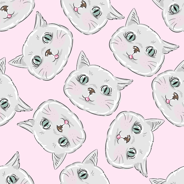 Padrão perfeito com gato de rosto gatinho cinza em fundo rosa feminino com animal