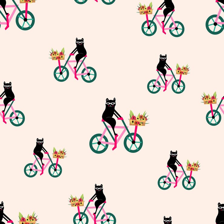 Vetor padrão perfeito com gato preto fofo na bicicleta colorida com cesta cheia de lindas flores