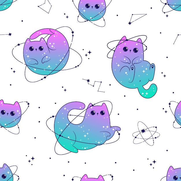 Padrão perfeito com gatos fofos espaço celestial com estrelas e planetas fantasia mágica vetor kawaii gatinho de berçário místico para fundo de tecido de papel têxtil