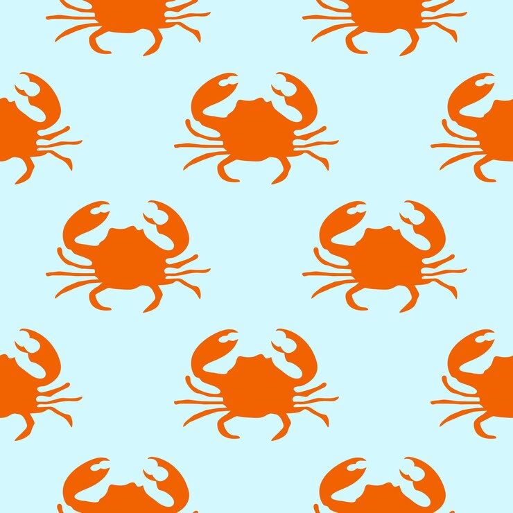 Vetor padrão perfeito com ilustração de caranguejo laranja sobre fundo azul