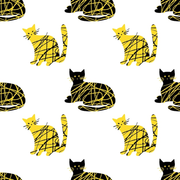 Padrão perfeito com ilustração texturizada de gato bonito preto e amarelo sobre fundo branco