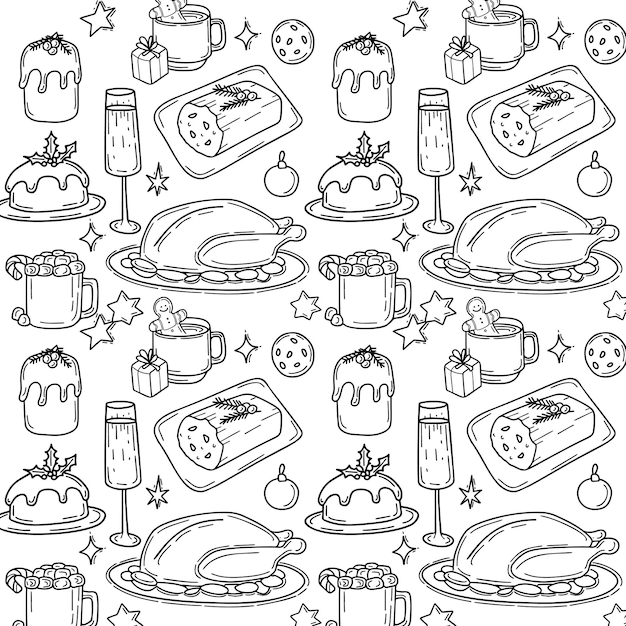 Padrão perfeito com ilustração tradicional de comida e bebida de natal em estilo doodle