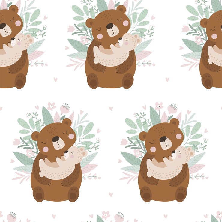 Vetor padrão perfeito com ilustração vetorial de urso fofo de desenho animado