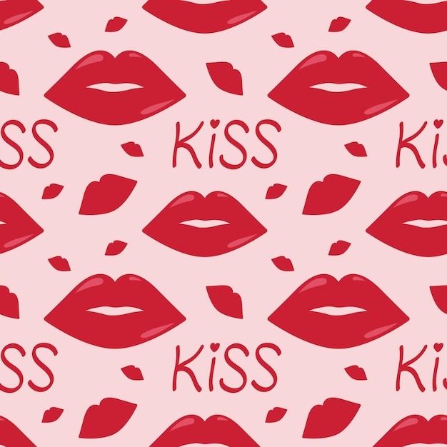 Padrão perfeito com lábios vermelhos e beijo de palavra. ilustração vetorial plana para o dia dos namorados