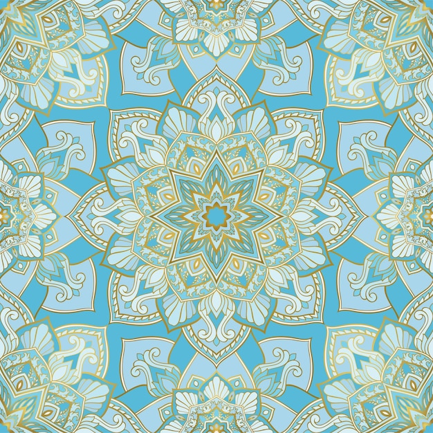 Padrão perfeito com mandalas vector fundo azul claro com contorno dourado