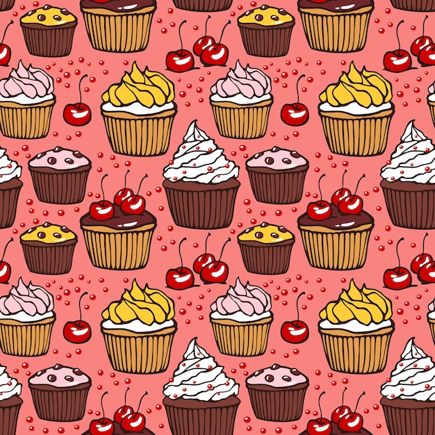 Padrão perfeito com muffins e cerejas