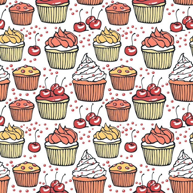 Padrão perfeito com muffins e cerejas
