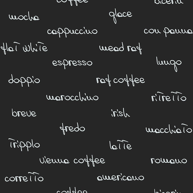 Vetor padrão perfeito com nomes de café isolados em fundo escuro ilustração vetorial
