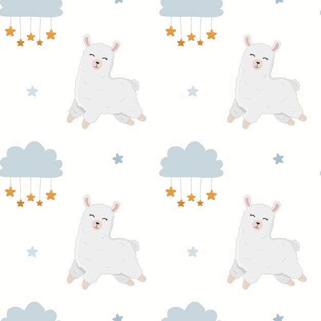 Padrão perfeito com nuvens de alpaca adormecidas e estrelas no céu fundo para embrulhar cartazes têxteis de papel decoração de berçário lhama fofa