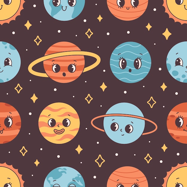 Padrão perfeito com o Sistema Solar e o espaço Personagens de planetas de desenho animado da moda
