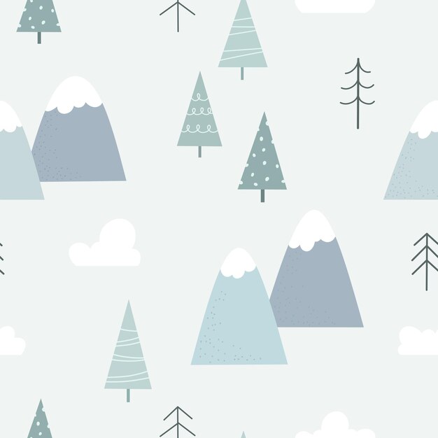 Padrão perfeito com paisagem de montanha em estilo escandinavo Paisagem de montanha nuvem de pinheiros