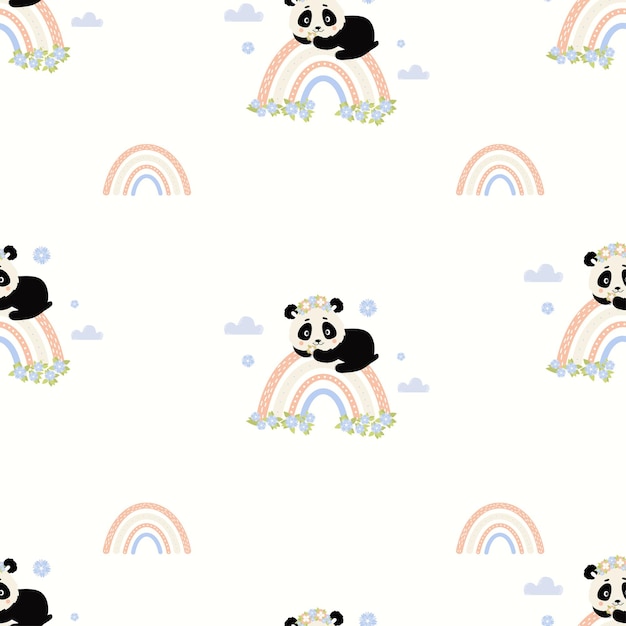 Padrão perfeito com panda fofo em coroa de flores deitada no arco-íris em fundo branco