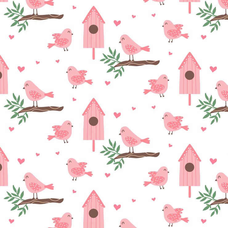Vetor padrão perfeito com pássaros cor-de-rosa fofos e uma casa de pássarospadrão de primavera com pássaros em galhospadrão vetorial no estilo cartoon ilustração vetorial