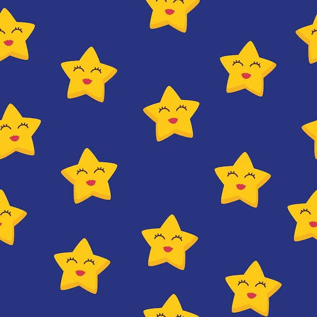 Padrão perfeito com personagens de estrelas fofas com olhos e lábios vermelhos Estrelas em fundo azul escuro