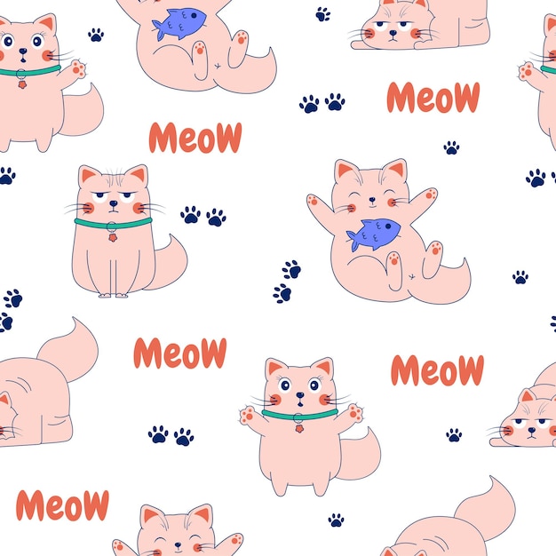 Padrão perfeito com personagens fofos de gatos doodle miau